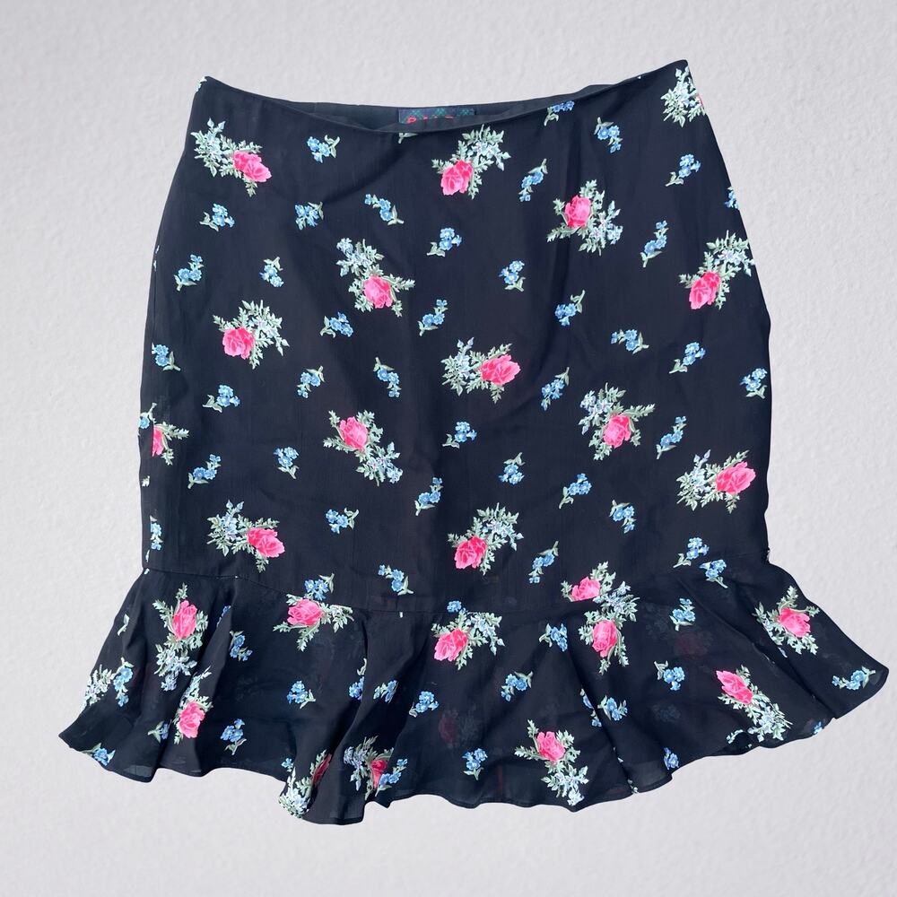 Vintage Y2K Ralph Lauren black floral knee length skirt with ruffled hem